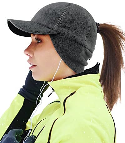 Gisdanchz Winter Basecap Damen Pferdeschwanz Mütze mit Ohrenklappen Laufen Cappy Frauen Kappe Schirmmütze Schildkappe WintermüTZE Damen Warm Women Baseball Cap Ponytail Hat, Dunkelgrau S/M