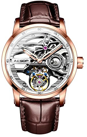 Aesop Tourbillon Herrenuhren Hohles Skelett Zifferblatt Mechanischer Handaufzug Analoge Herren Armbanduhren Super leuchtender Saphirglas Spiegel Wasserdicht Business Luxusuhr 7053(Roségold)