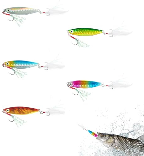 5 Stück Kunstköder, Angelköder, Wobbler Swimbait, Mit Pailletten- und Federmaterial, für das Angeln in Süß und Salzwasser