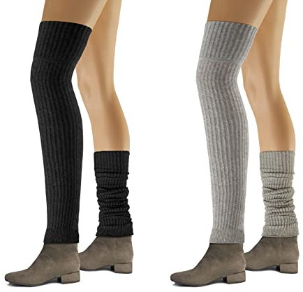 sesto senso Stulpen Damen 2er pack Baumwolle Beinwärmer Overknee Waden Winter Strick Wadenwärmer gestreiftes Muster hell Melange schwarz