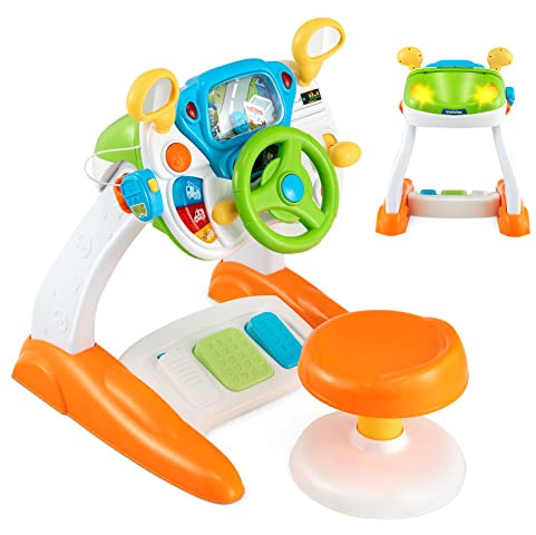 COSTWAY Simulateur de Conduite Enfants avec Tabouret, Jouet de Voiture de Conduite Interactif avec Volant Electronique, Sons et Lumières, Klaxon, Interphone pour Enfants de 36 Mois+