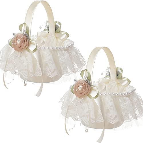 BFYDOAA Lot de 2 paniers de mariage en satin avec poignée, pour lancer des pétales, décoration de cérémonie de mariage Blanc