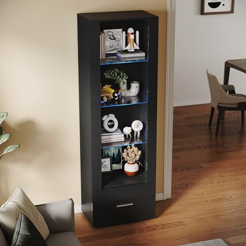 SUNXURY Vitrine Wohnzimmervitrine Vitrinenschrank Standvitrine Stauraumvitrine Glasvitrine Schwarz Wohnzimmerschran 550 x 350 x 1720 mm mit Blauer LED Beleuchtung