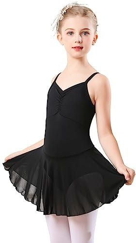 boruizhen Mädchen Ballettkleid Ärmellos mit Spaghetti-Trägern & Chiffon-Tütü, Kinder Ballettkleidung Ballettanzug Tanzkleid aus Atmungsaktivem Stoff für 8-10 Jahre Schwarz