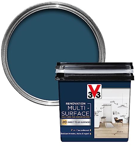 V33 Renovation Multi-Surface Paint - No Undercoat Needed - Over 20 Surfaces - Resistance To Water Stains & Impact - High Coverage - Turquin Blue 750ml