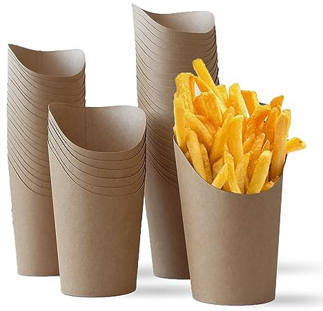 Bustlwor 50 Pièces Snacks Porte-Gobelet, Porte Frites Tasses, Porte-Gobelets en Papier Kraft, en Glaces, Choux, Frites, Gâteaux et Autres Snacks pour les Fêtes et Plats à Emporter(Marron)