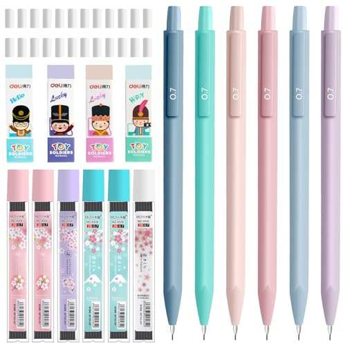 OFFCUP Lot de 6 Porte-Mine, 6pcs Macarons Crayon Mécanique 0,7mm, Porte Mines Set avec 6 Recharge de Plomb HB et 4 Gommes, 24 pointes de gomme pour étudiant Dessin Esquisse Architecture écriture