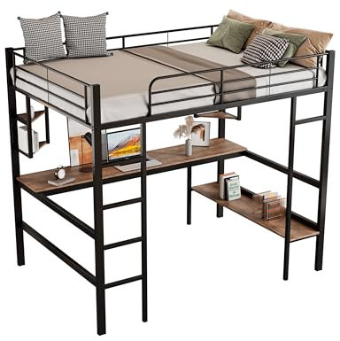 MQGPM Metallbett, Etagenbett 90x200cm mit Rausfallschutz und Schreibtisch, Vielseitiges Hochbett mit Lattenrost und Bücherregal, für Kinder, Jugendliche und Erwachsene, Schwarz