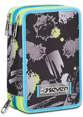 Seven Federmäppchen, Mäppchen, Mehrfarbig, Federtasche für Schreibwaren, Etui komplett mit Bleistiften, Filzstiften, Schulmaterial, mit 3 Fächern, Mädchen, Schule - Grundschule, XXL, grau