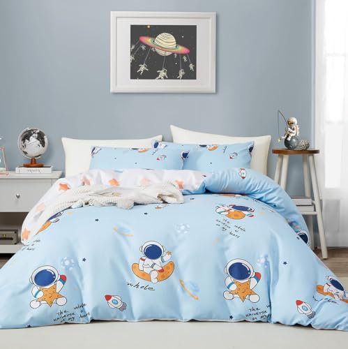 Lanqinglv Kinder Bettwäsche 135x200 Jungen Blau Weiß Astronauten Kinderbettwäsche mit Sterne Muster,Wendebettwäsche Set - Bettbezug mit Reißverschluss und 1 Kissenbezug 80x80 cm