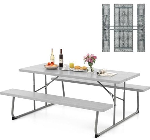 COSTWAY Bierzeltgarnitur klappbar, 183 cm Biertischgarnitur in Holzoptik, Biertisch mit HDPE-Tischplatte, Schirmloch & Metallrahmen, Festzeltgarnitur Sitzgarnitur für Garten, Terrasse, Hof