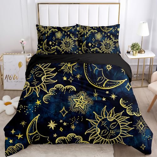 WZXGHE Sonne Und Mond Bettwäsche 200x200cm,Weiche Kuschelige Mikrofaser Bettbezug Sonne Mond Und Sterne,mit Reißverschluss1 Bettbezug Und 2 Kissenbezüge 50x75 (Konstellation-B,200x200cm)