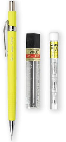Pentel P205-97C Porte-mine automatique – Gamme fluorescente – Simple + 12 mines HB Hi-Polymer 0,5 mm + 4 recharges de gomme Z2-1N (jaune fluo)