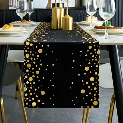 Tischläufer Schwarz und Gold 30 x 140 cm Polyester Tischdeko Tischläufer mit Goldenen Punkten Tischdekoration für Hochzeit Geburtstag Party Urlaub Weihnachten