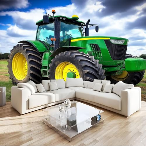Papier Peint Panoramique 300 x 210 cm Papier Peint Intissé Mural Style De Photographie Tracteur Art Mural Décor Poster Mural Vert Pour Salon Chambre D'Enfants Décoration Murale Fresque