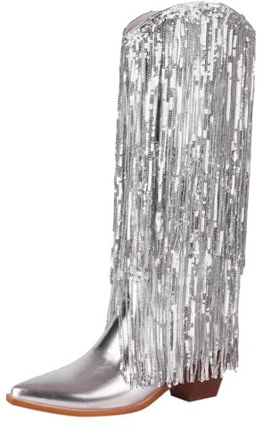Stivali da donna a metà polpaccio alla moda nuovo modello nappa decorazione a punta tacco spesso antiscivolo su scarpe piatte in pelle stivaletti da donna, Argento, 38 EU
