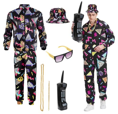 80er 90er Outfit Herren, Trainingsanzug Kostüm für Herren und Damen Bad Taste Outfit Herren Damen mit Goldkette Stirnband Armbänder Brille Aufblasbare Radio für Karneval Cospaly XL