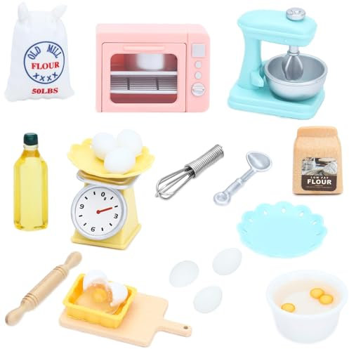 Miniaturas para Casa de Muñecas, 22 Piezas Miniatura Conjunto para Hornear, 1/12 Cocina en Miniatura con Horno Mezclador Báscula, Mini Comida Juguete, Accesorios Casa de Muñecas