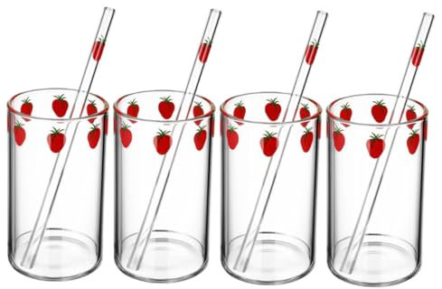 Amosfun 4sets Tazza Di Vetro Cannuccia Compatta e Motivo Di Fragola Per Caffè Tè Latte e Bevande Di Bicchieri Riutilizzabili Per Casa e Regali