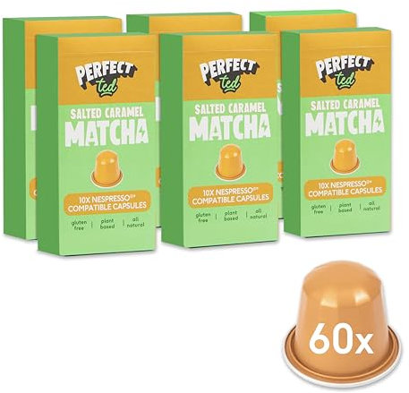 PerfectTed Salted Caramel Matcha Pods, Ceremonial Grade Japanese, 60 Nespresso Compatible Capsules, Quick & Easy Sweet Lattes | with L-Theanine | Natural Flavour | Vegan