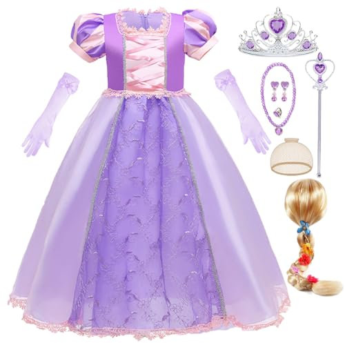 ZaisuiFun Fille Déguisement Princesse Raiponce Robe Violet avec Accessoires Perruque pour Anniversaire Fête Carnaval Partie, 7-8 Ans