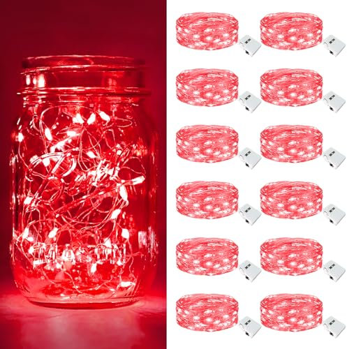 btfarm 12 Pack Red Fairy Lights Battery Operated, 2M 20LED Mini String Lights Battery Powered IP65 Waterproof, 3 Modes Silver Wire Small Fairy Lights Indoor for Valentines Day, New Year's Eve, Party