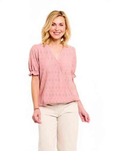 Afibel - T-Shirt Cache-Coeur Blousant Broderie Femme Rose Polyester - Taille : 42/44