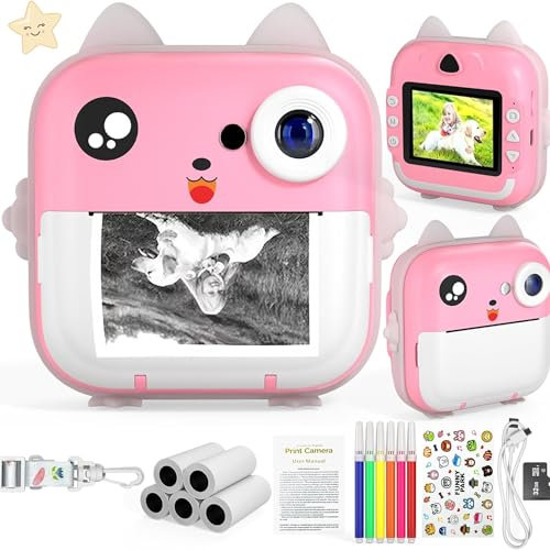 Instant Print Camera for Kids, 1080P Digital lens with 32GB SD Card & 5 Rolls of Print Paper, Boys and Girls Ages 3-12, Fun Toy Gift for Kids (Pink)