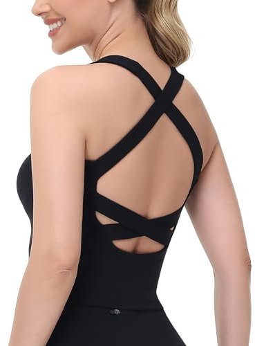 romansong Yoga-Sport-BHS für Damen, gepolstert, überkreuzte Rücken-Tanktops, Tanktop schwarz, Large