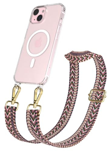 EAZY CASE Handykette - Verstellbares Taschenband kompatibel mit iPhone 15, Schulterriemen, Handykordel mit Silikon Hülle, Qi Charging kompatibel, Umhängetasche, Beere Pink Gold