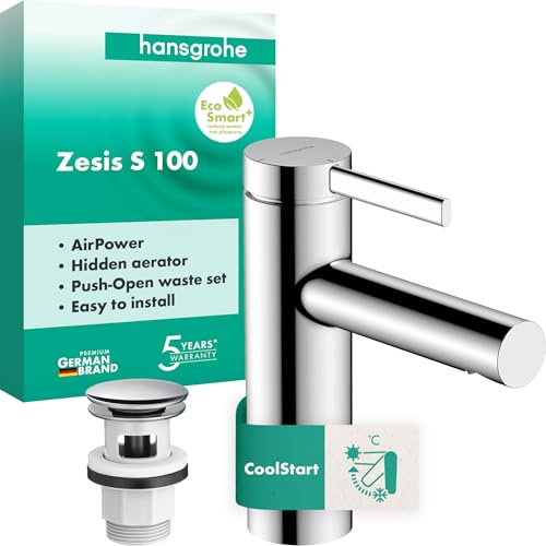 hansgrohe Zesis S - Waschtischarmatur mit Push-Open Ablauf, energiesparend (CoolStart), Wasserhahn Bad mit Auslaufhöhe 104 mm, Mischbatterie Waschbecken wassersparend (EcoSmart+), Chrom, 74724000