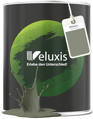 Veluxis Wandfarbe Grün Moosgrün matt 2,5 L – Moss Stone | Innenfarbe mit Deckkraft Klasse 1, VOC-frei, ohne Grundierung, tropfarm, für Wohnzimmer und Schlafzimmer
