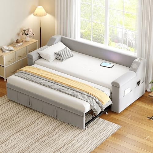 Ausziehbares Schlafsofa 90/180x190cm, Polsterbett Tagesbett mit Bluetooth-Lautsprecher&USB-Ladefunktion&Ausziehbett&Lattenrosten, Sofabett Jugendbett Gästebett Bettgestell,Samt,Ohne Matratze,Hellgrau