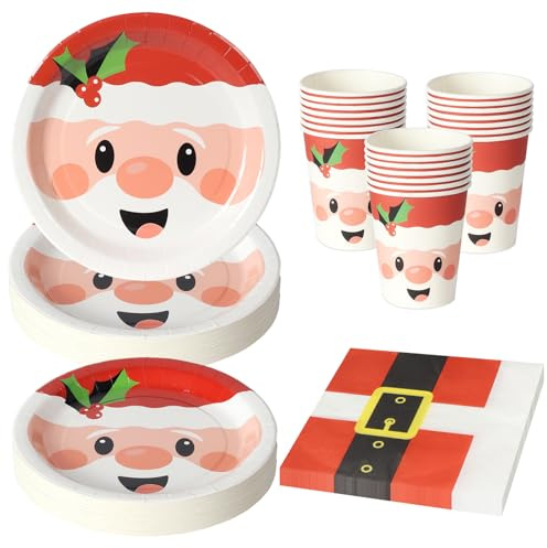 PYAILI Piatti di Carta Natalizi Set 40 Pezzi, Piatti, Bicchieri, Tovaglioli e Cannucce in Cartone, Decorazione Tavola per Cenone, Festa Bambini e Merenda d'Avvento-16 Ospiti