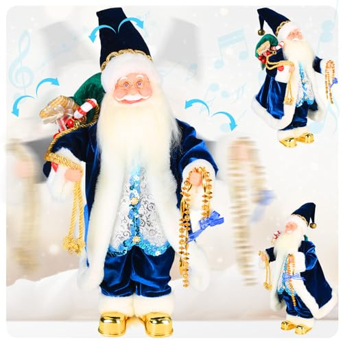 Gfilay Figura de Papá Noel bailando con música animada de 45 cm – Figura de Navidad cantante y móvil que juega 6 clásicos – Figura decorativa de terciopelo azul dorado como coleccionable para el hogar