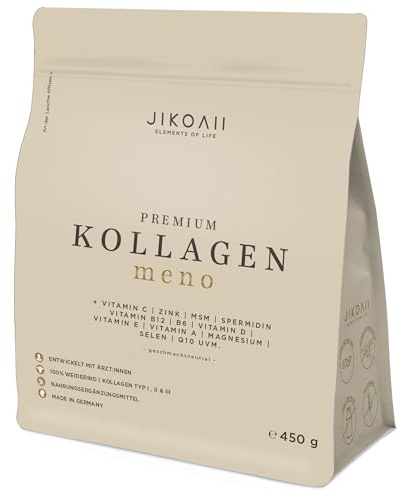 JIKOAII Premium Kollagen Pulver MENO - 450g - Typ 1, 2 & 3 mit Vitamin C, MSM & Coenzym Q10 - Menopause Collagen Komplex - optimale Bioverfügbarkeit und Löslichkeit - Made in Germany