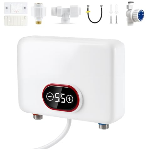 Jellybibo Mini Durchlauferhitzer, Max.55℃, 5500W 220V Elektronischer Warmwasserbereiter mit Steuerventil und LED-Temperaturanzeige, IPX4 Wasserdicht Untertischgerät Elektrischer Durchlauferhitzer für