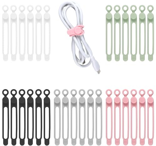 30Pcs Silicone Cable Ties Reusable Cord Organiser, Reusable Data Cable Organizer, Cable Straps Management Cable Tidy Clips for Organizing Wire Earphone Phone Charger Audio Cable Computer 5 Colors