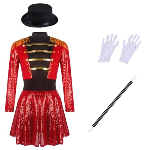 4Pcs Zirkus Kostüm Damen Dompteurin Ringmaster Kostüm Glitzer Tanzkleid Pailletten Ballettkleid Tanzbody Halloween Karneval Fasching