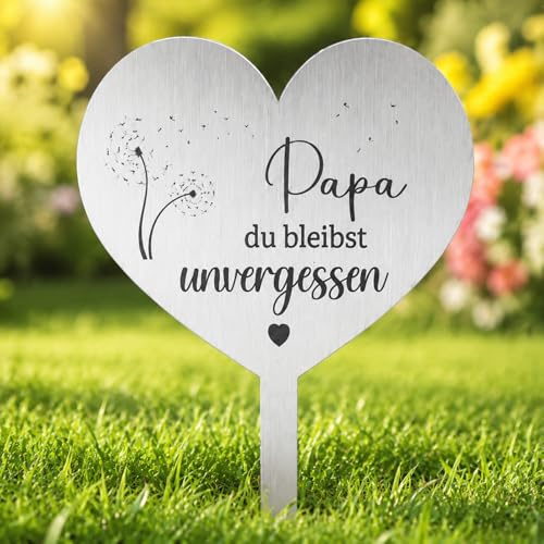 Grabstecker Herz Grabschmuck Wetterfest Edelstahl Gravur Papa unvergessen | Aus robustem Edelstahl für Friedhof & Urnengrab. Herz-Gedenkstecker mit Pusteblume als liebevolles Andenken an den Papa.
