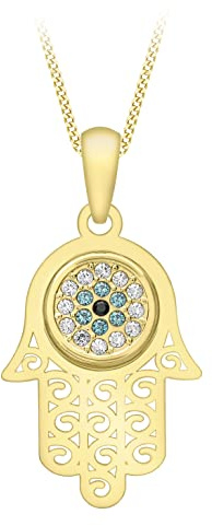 CARISSIMA Collier pendentif main de Fatma avec œil porte-bonheur en zircon cubique or jaune 9 ct sur chaîne forçat 46 cm/18