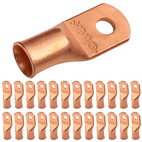 SELTERM 1/0 AWG (50 mm²) - 1/4 (M6) ⌀ Hole UL Heavy Duty Wire Lugs, Battery Cable Ends, Bare Copper Eyelets, Tubular Ring Terminal Connectors [B63] - 25 Pack