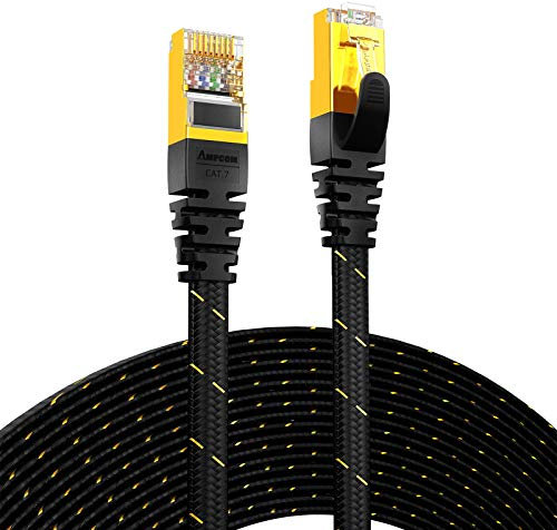 AMPCOM Ethernet Cable 8m, CAT7 10Gbps STP Flat Patch Cord 10 Gigabit Lan Network Cable High Speed - Black - Nylon Braided - Shielded