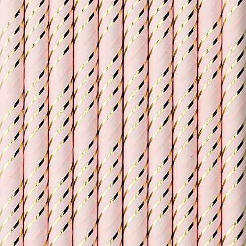 partydeco.pl Generique - 10 Pailles en Carton Roses rayées doré métallisé 19,5 cm
