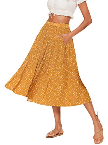 Parabler Damen Hohe Taille Röcke Retro Maxirock Polka Dot Rock Lang Herbst und Winter Elegant Faltenrock mit Tasche Gelb S