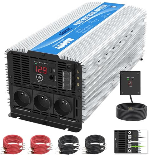 GIANDEL 4000W Convertisseur 12V 220V Pur Sinus Onduleur à Onde Sinusoïdale Pure Transformateur Compatible Lithium-Batterie pour La Maison, RV, Camion, Hors Réseau Solaire avec 30 Pieds Télécommande
