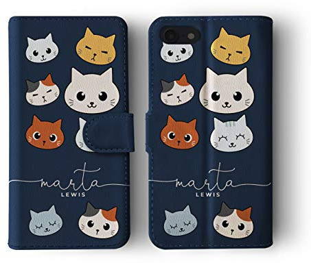 Tirita Personalised Leather Flip Wallet Phone Case with Card Holder Compatible with iPhone 6 & 6s - Drawing Cartoon Kitten [11 - Cat Faces Handwritten]