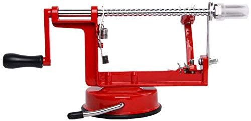 Éplucheur de pommes manuel 3 en 1 avec base sous vide et trancheuse à lame en acier inoxydable, convient aux écorneurs de pommes de terre de fruits de la famille, rouge