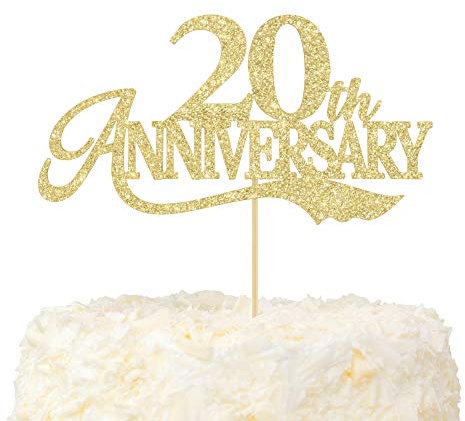 LOVENJOY Tortenaufsatz zum 20. Hochzeitstag Gold Glitter Happy 20th Anniversary Tortendeko für 20 Jahrestag Party Cake Dekoration