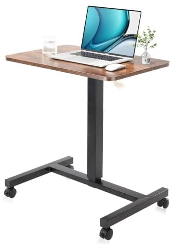 CLATINA Mobile Laptop Desk Pneumatic Sit to Stand Table Height Adjustable Rolling Cart with Lockable Wheels for Home Office Computer Workstation, 71 x 48 cm Brown Round Edge Design Elegant